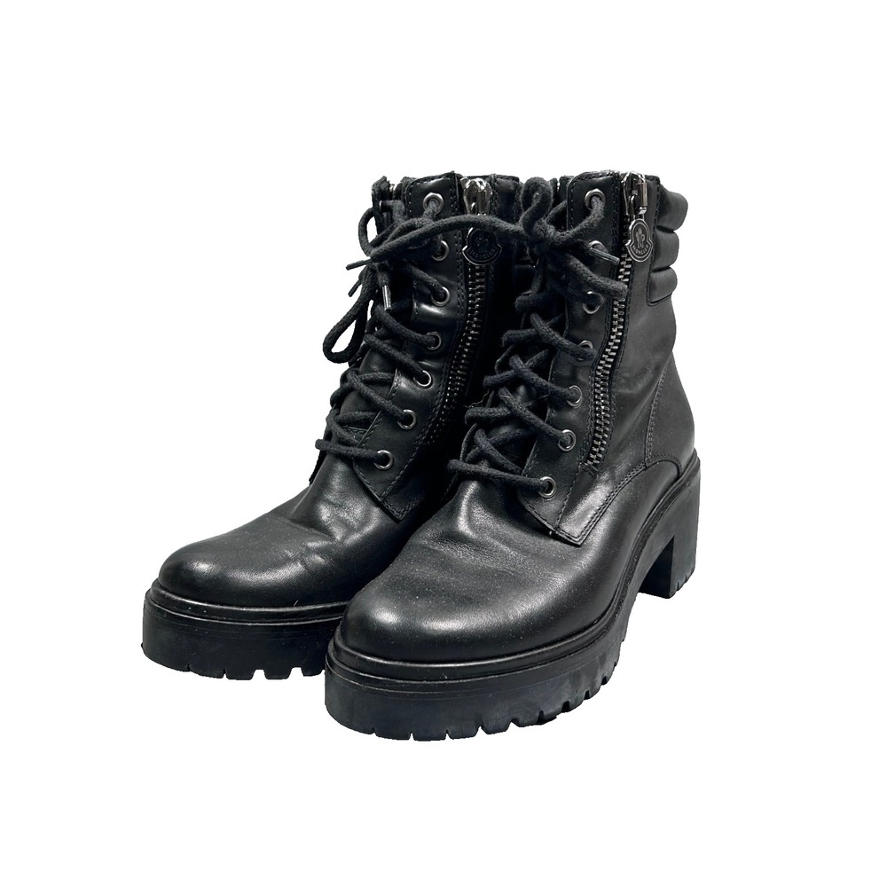 Moncler Viviane Black Leather Lace Up Side Zip Platform Combat Boots Sz 36 6